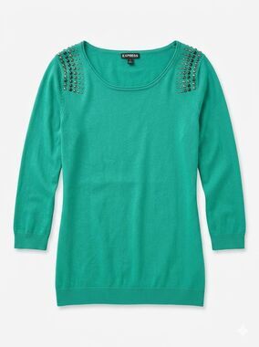 🔹️Express Green Studded Ruched 3/4 Sleeve Sweater Top Medium